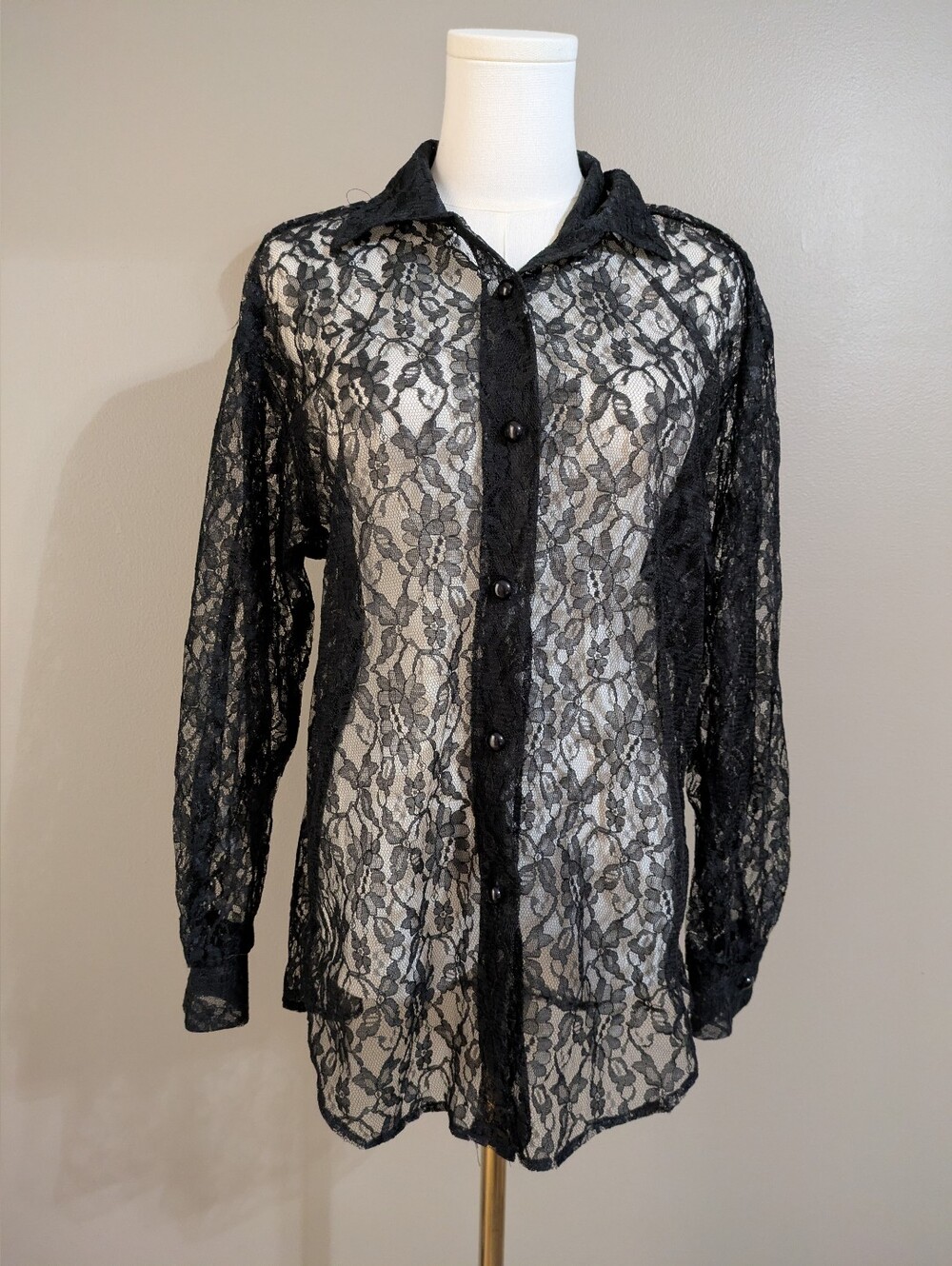 Marnie West Black Floral Lace Sheer Button-Down Collared Long Sleeve Blouse - Picture 1 of 7